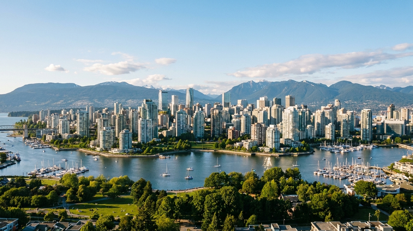 Vista panorâmica de uma cidade canadense com montanhas e marina ao fundo