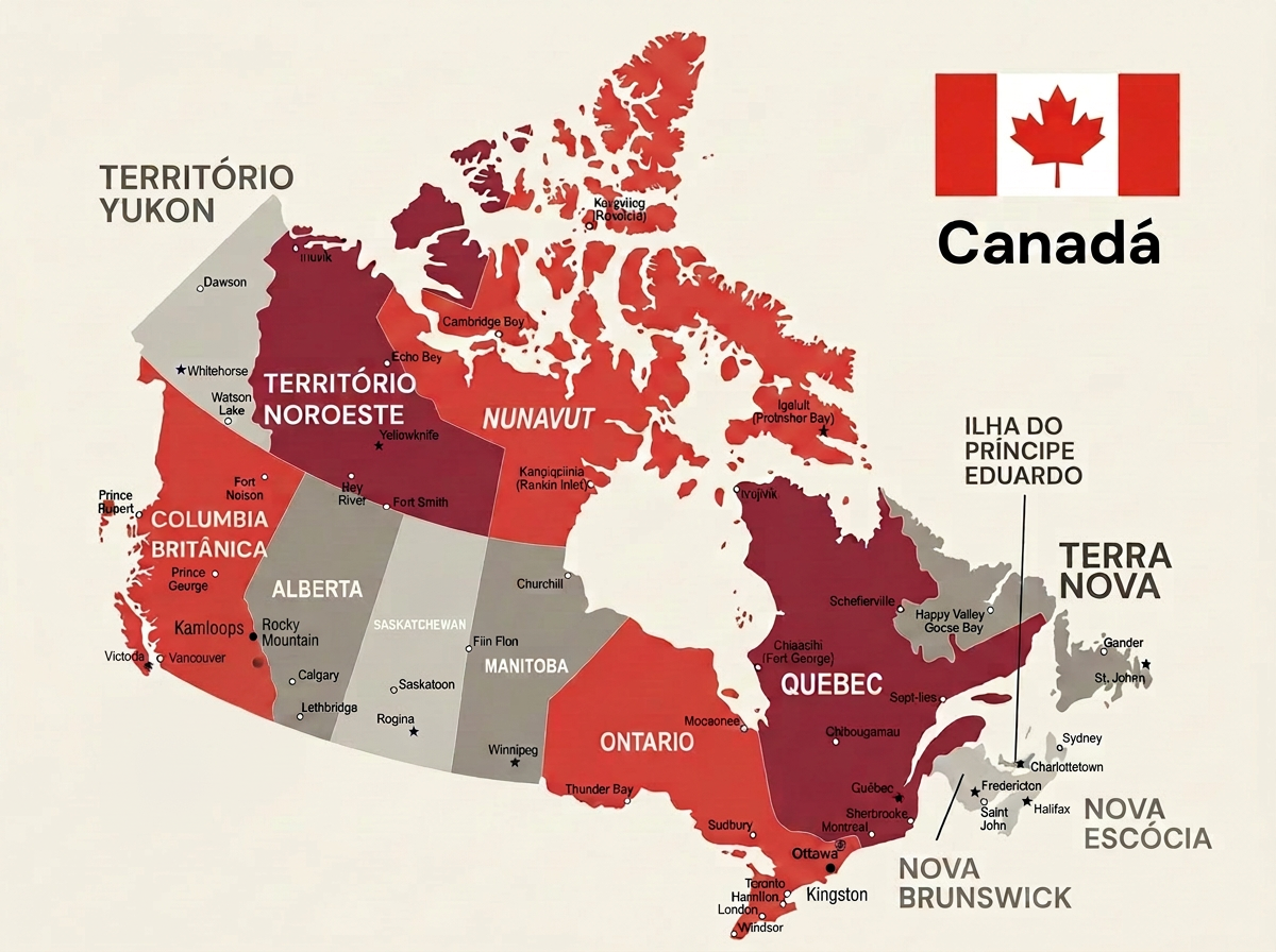 Mapa do Canadá com as cidades e distritos escolares onde o programa de High School com casa de família está disponível