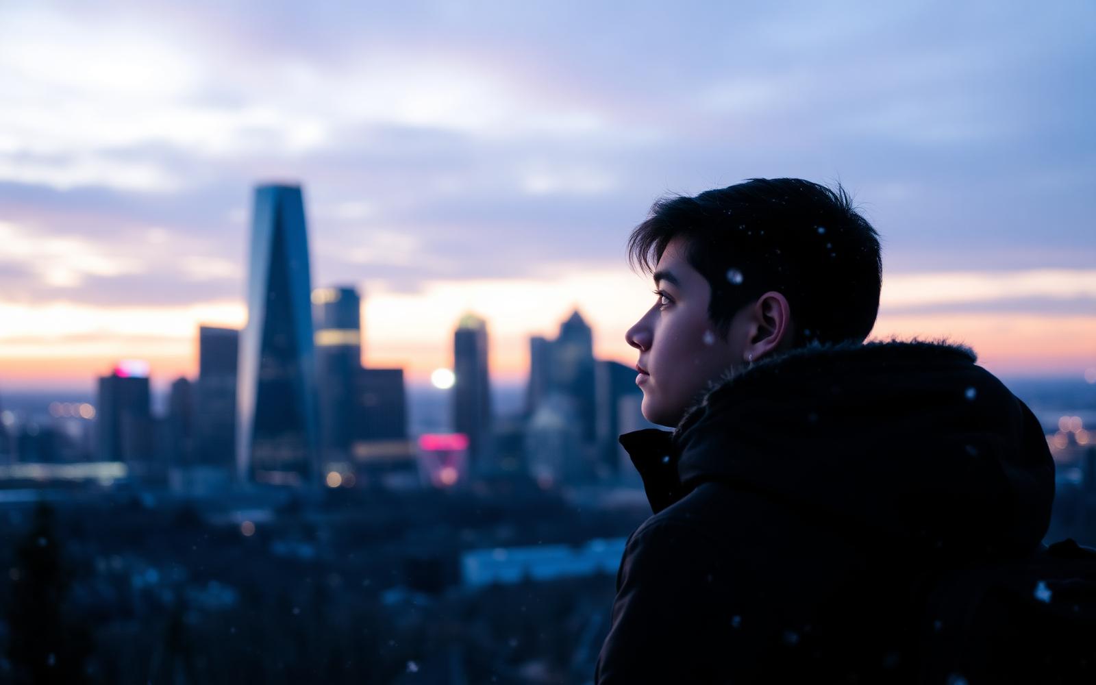 Estudante intercambista olhando para o horizonte de uma cidade canadense ao entardecer
