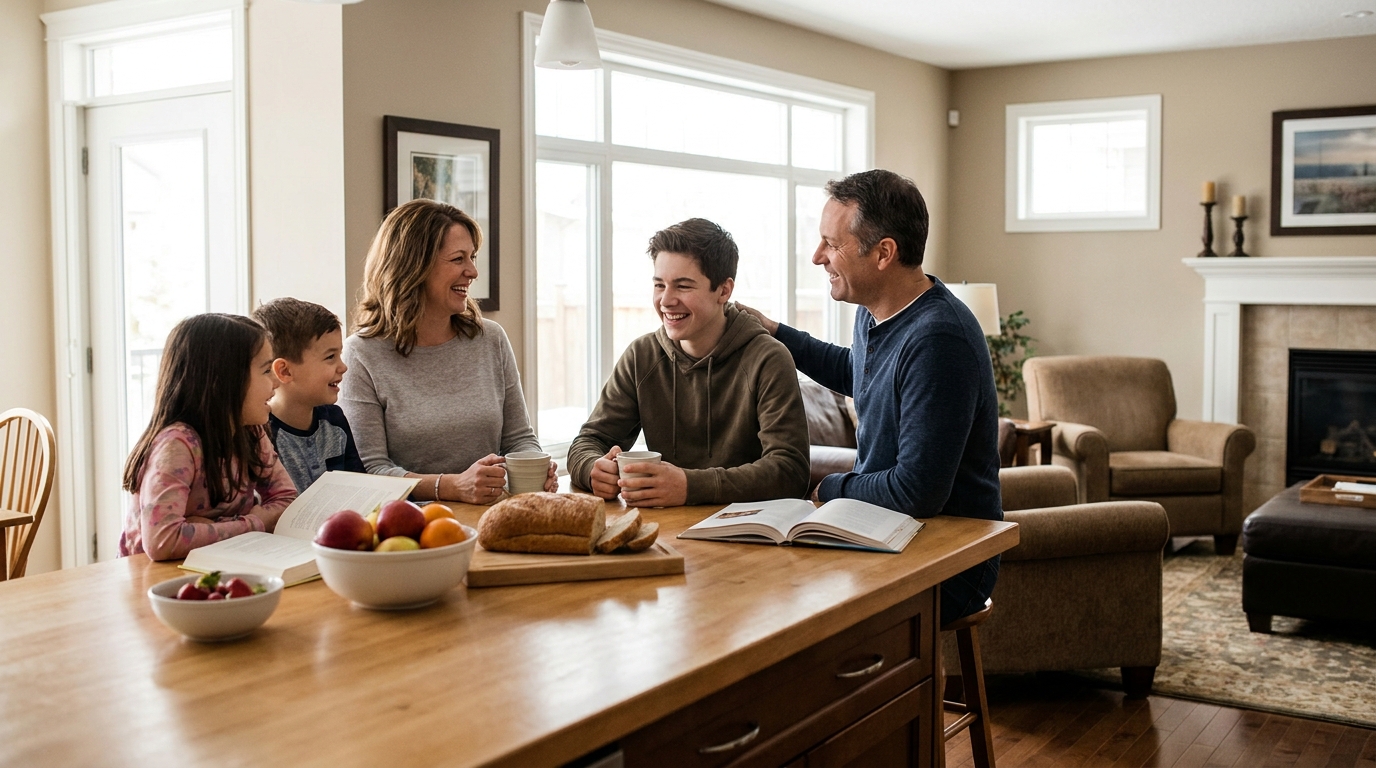 Família hospedeira canadense jantando com aluno intercambista