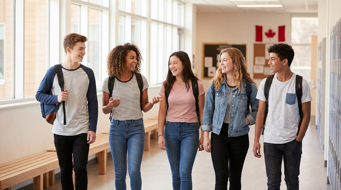 Estudantes adolescentes rindo juntos no corredor de uma escola canadense com lockers
