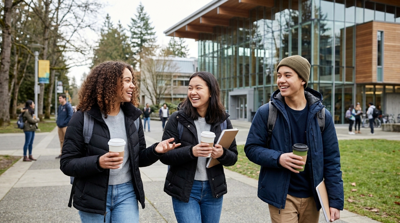 Estudantes intercambistas caminhando pelo campus de uma escola canadense